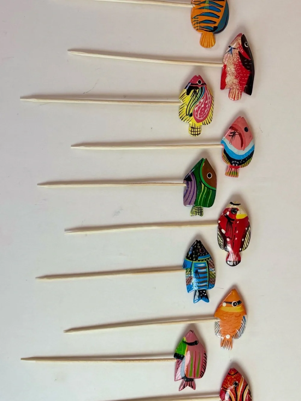 Hand-Painted Wooden Tropical Fish Cocktail Picks with Bamboo Holder Set of 12
